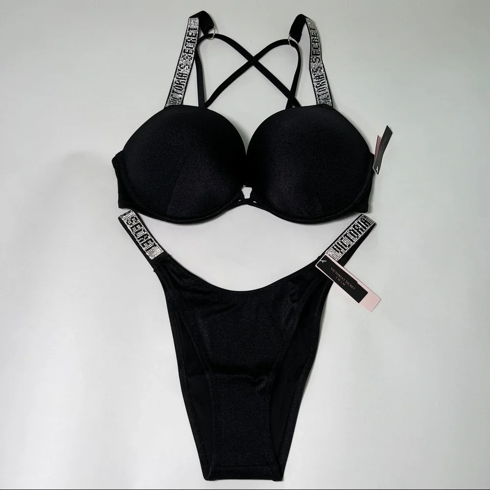 Victoria Secret 34A S Bombshell Push Up Top Bikini Set Shine Strap LOGO Black